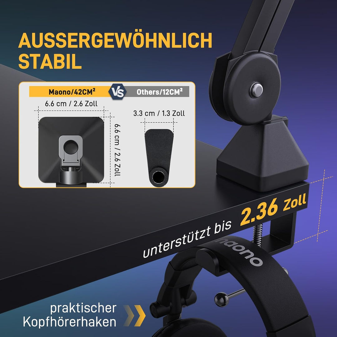 MAONO Mikrofon Arm, verstellbar mit 3/8"-5/8" Adapter, für Blue Yeti、HyperX QuadCast、SoloCast、Elgato