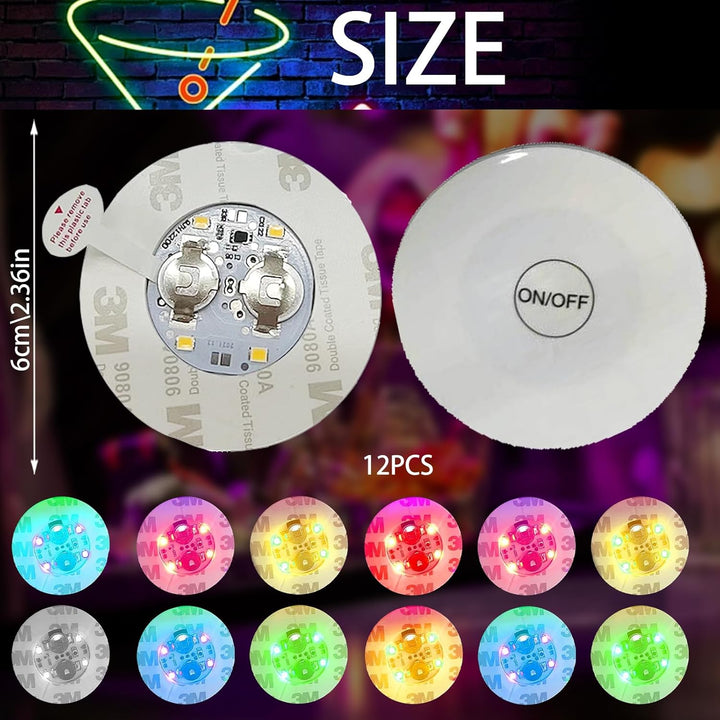 12 pcs LED-Untersetzer, LED Sticker Stimmungslichter, Bunt LED Untersetzer, Leuchtuntersetzer Rund,