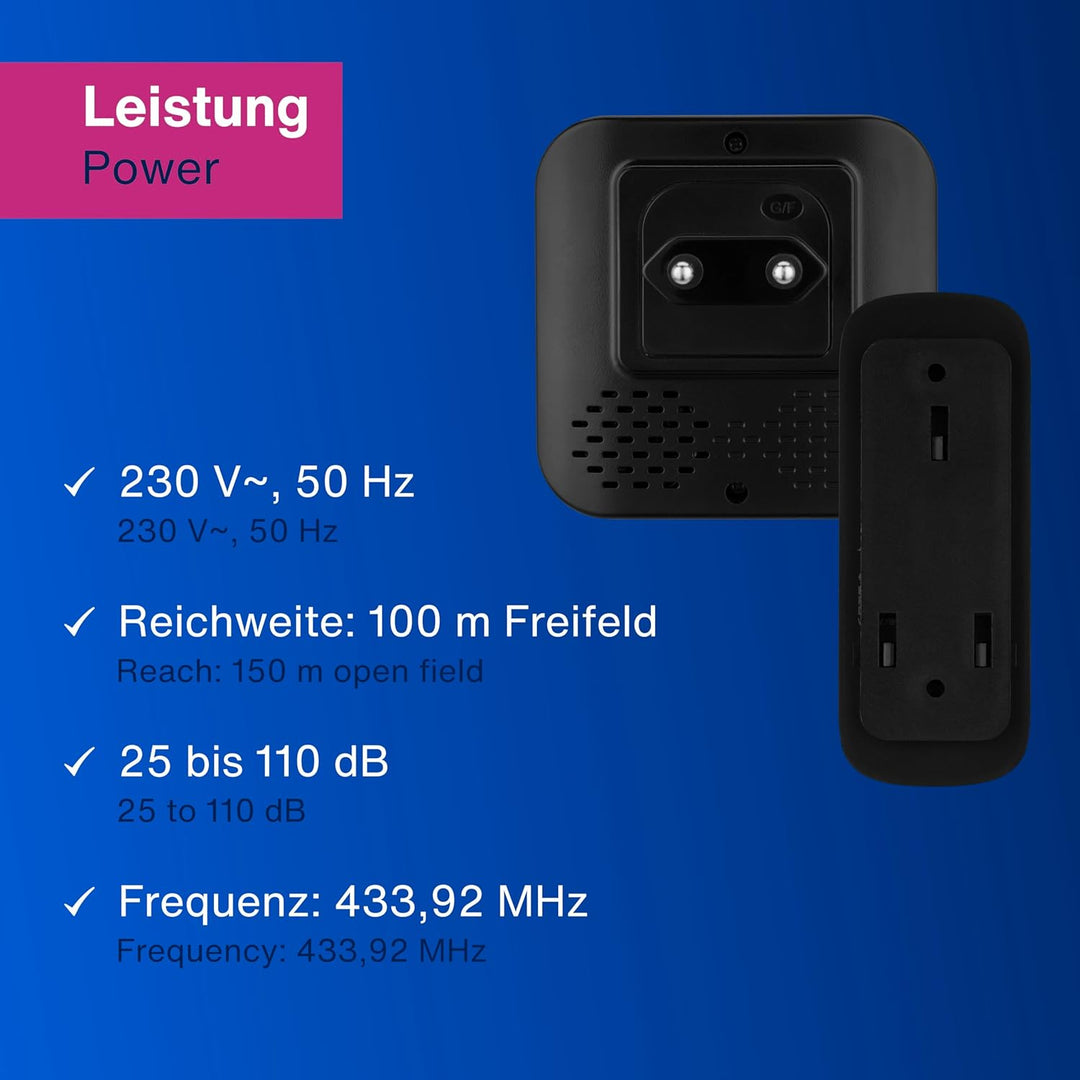 REV Funkklingel Piezo - Steckdosen Gong mit Lichtsignal, 58 Melodien, 4-Stufen Lautstärke, max. 110d