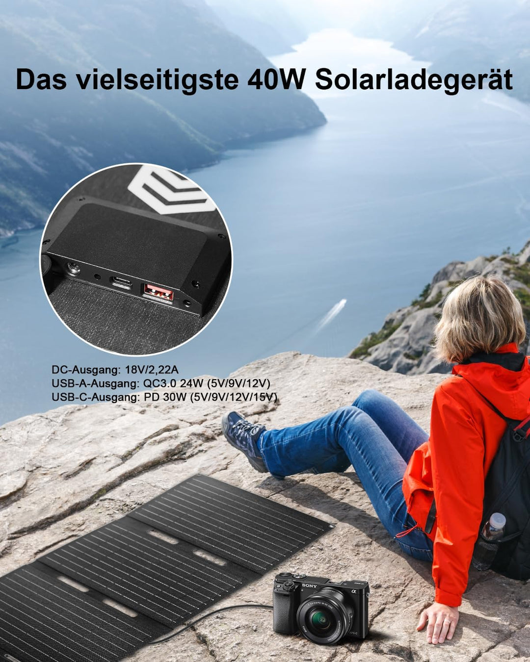 ELECAENTA 40W ETFE Solar Ladegerät Faltbar Solarmodul 3-Port, 18V DC/USB/USB-C PD30W, Tragbare Solar