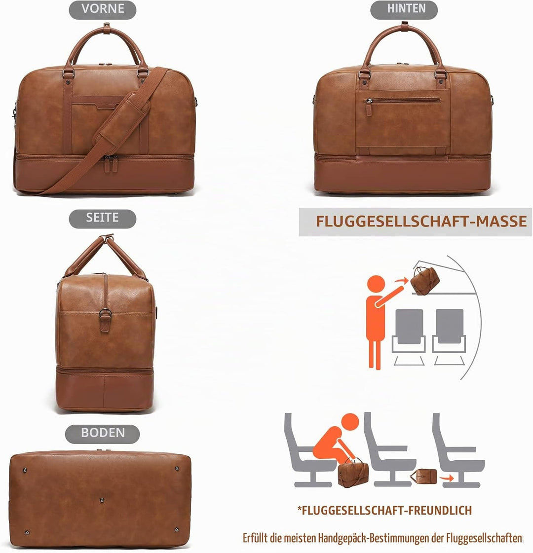 Wogarl Weekender Tasche für Damen Herren Grosse Übernachtungstasche Reisetasche Seesack, Helles Brau