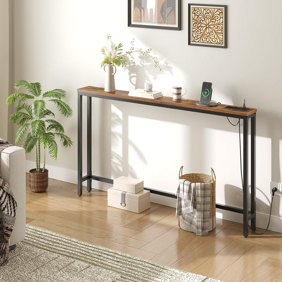 HOOBRO Schmaler Konsolentisch, 140 cm Langer Beistelltisch, Sofatisch mit Ladestation, Eingangstisch