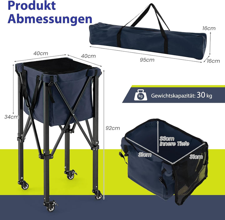 COSTWAY Tennisballwagen klappbar, Leichter Tennisballkorb mit Rädern, Seitentasche & Tragetasche, tr