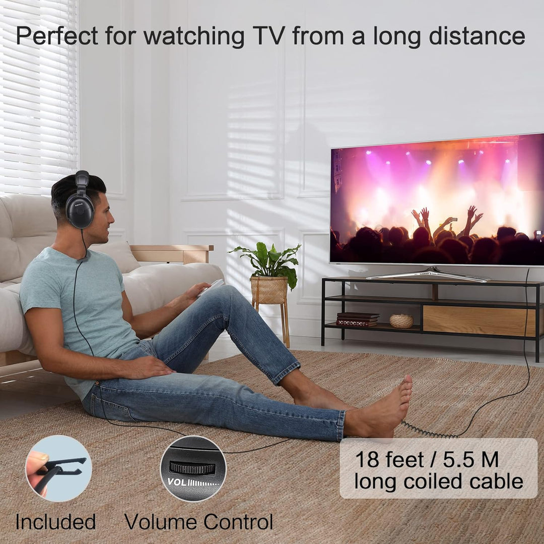 SIMOLIO TV Kopfhörer mit langem Kabel, Over Ear Headset für Fernseher mit Tonverstärkung, Tonregler