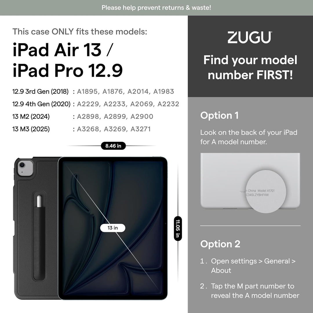 Zugu CASE iPad Air Hülle 13 Zoll M4 2026 &amp; M3 2025 &amp; M2 2024 / iPad Pro 12.9 (3rd/4th Gen), schlanke