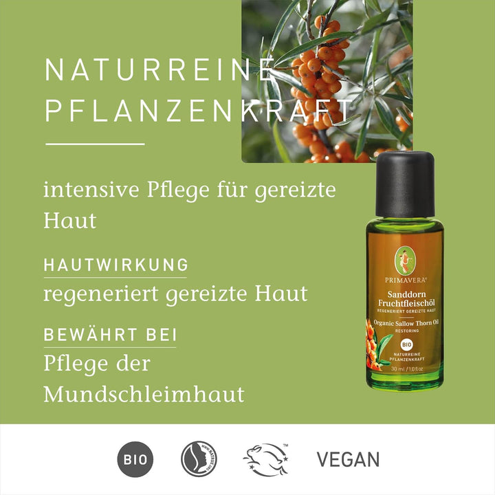 PRIMAVERA Pflegeöl Sanddornfruchtfleischöl bio 30 ml – naturreine Pflanzenkraft – Glasflasche – Arom