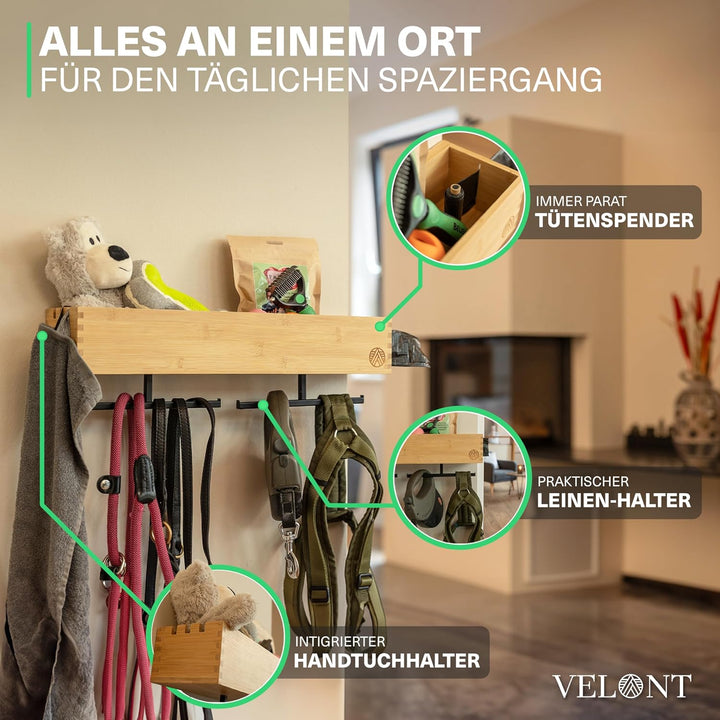 VELONT Hundegarderobe mit Ablage Personalisiert - Grösse XL - Perfekter Leinenparkplatz - Bambus - D
