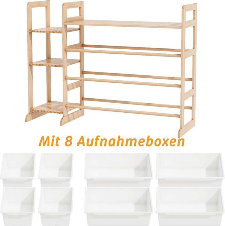 Spielzeug-Organizer mit 4 Regalen und 8 Behältern, Kinderschrank Holz Bücherregal für Kinder Aufbewa