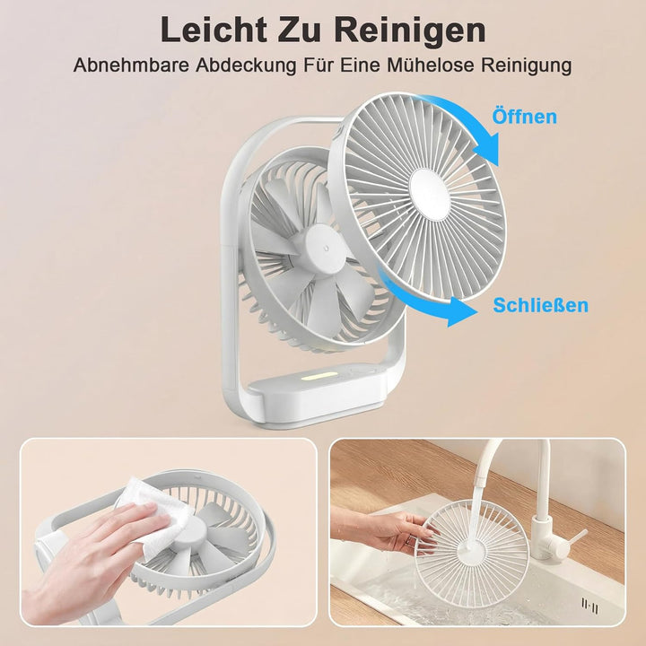 SURFOU Ventilator 4000mAh Akku, Kabelloser Tischventilator mit 4 Stufen und 2 Nachtlicht-Modi, USB-C