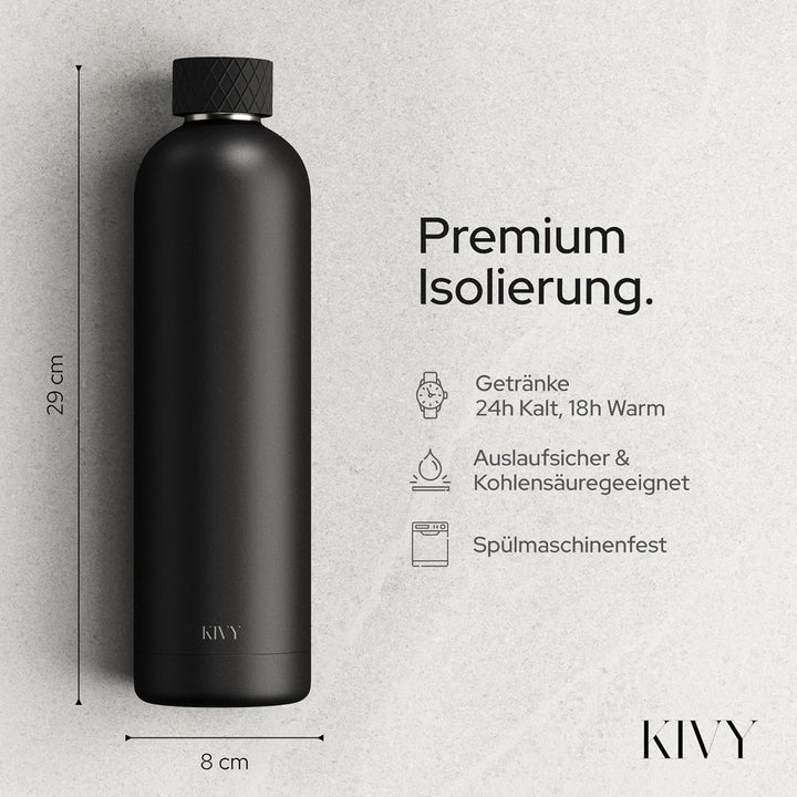 KIVY Isolierte Trinkflasche 1l Edelstahl - Auslaufsichere Thermosflasche 1l - Kohlensäure geeignet -