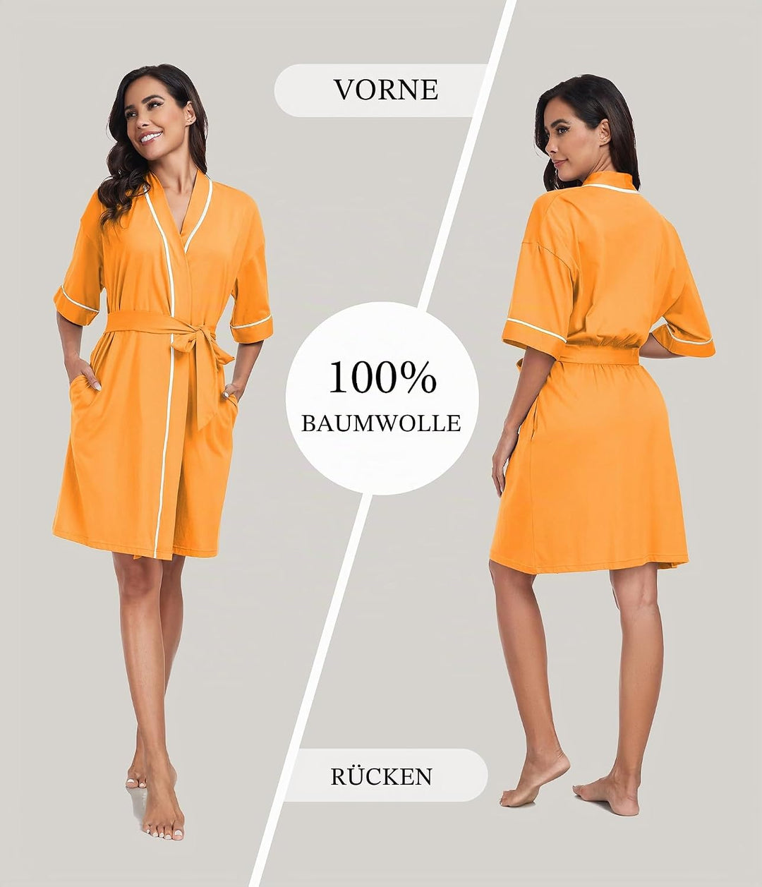 COLORFULLEAF 100% Baumwolle Bademantel Damen Kurz Morgenmantel Leicht Knielang Kimono Saunamantel Na