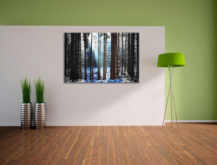 Sonnenschein im Winterwald schwarz/weiss Format: 100x70 auf Leinwand, XXL riesige Bilder fertig gera