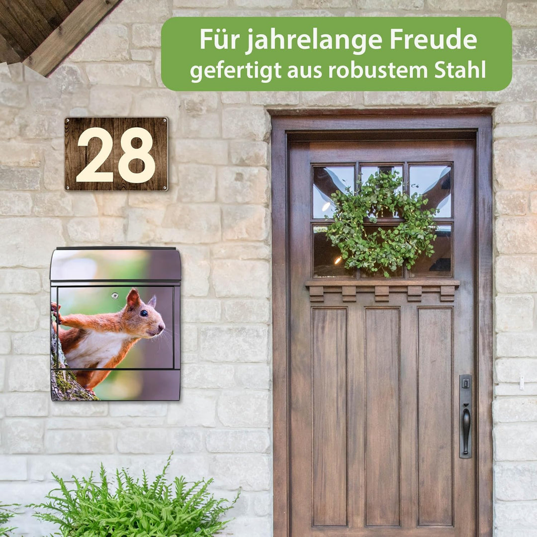 banjado® Design Briefkasten mit Motiv Eichhörnchen 39x47x14cm &amp; 2 Schlüssel - Briefkasten Stahl schw