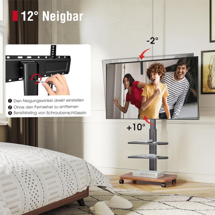 AOKCOS TV Ständer Rollbar mit Holzablage 2 Regal, Fernsehständer auf Rollen für 32-65 Zoll TV, TV Bo