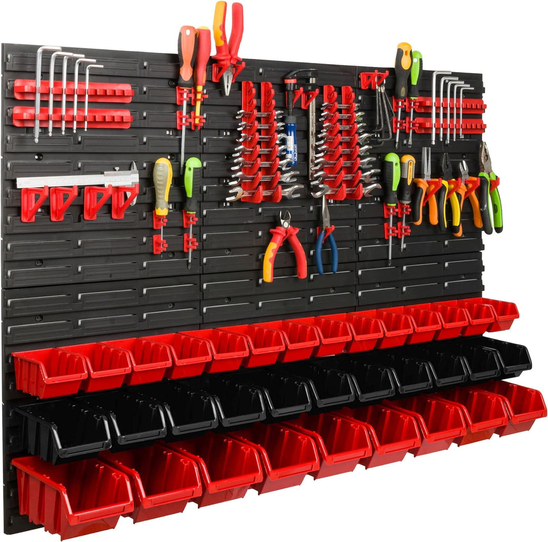 Lagersystem Werkstattregal | 117 x 78 cm | 34 stck. Box | Wandregal mit Werkzeughalterungen und Stap