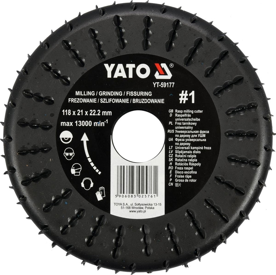 Yato YT-59177, Raspelscheibe D 118 x 22,2, Raspel stirnseitig/flächig, für Holz, Gipskarton