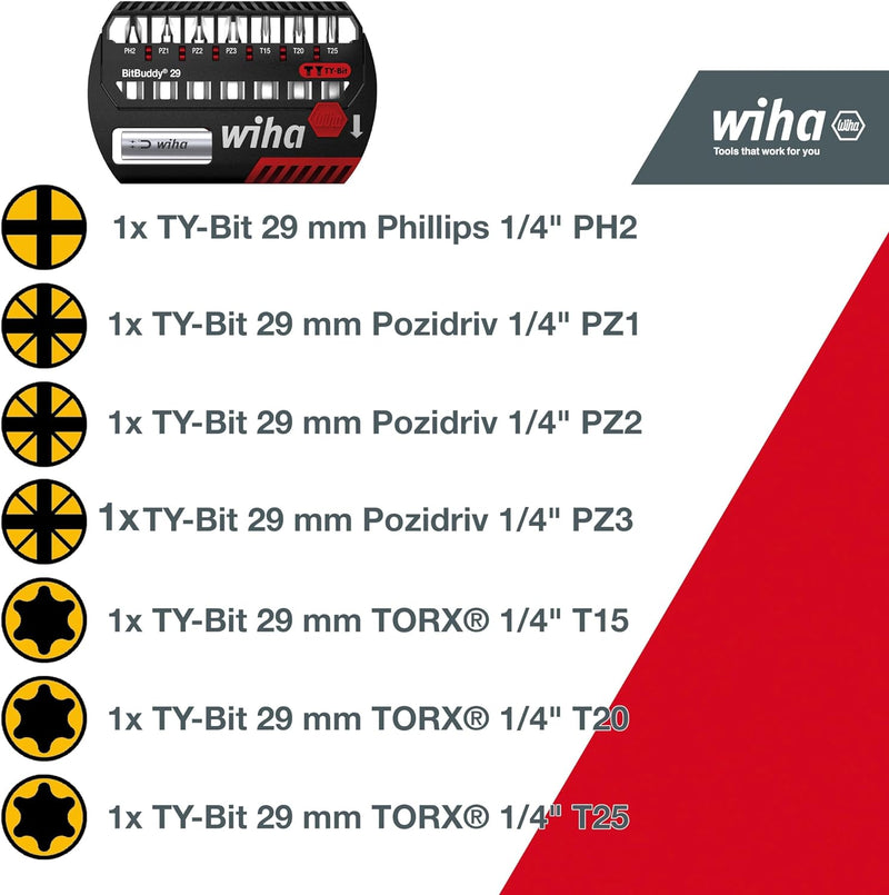 Wiha Bit Set BitBuddy 8-tlg. I TY-Bit 29 mm 1/4" C6,3 I PH,PZ,TORX I Zubehör für Schraubanwendungen