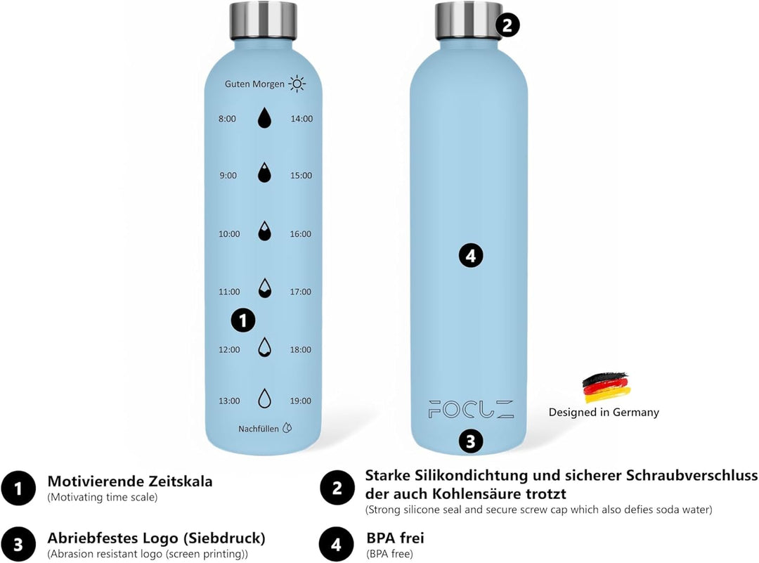FOCUZ® Motivational Bottle 1 L [Blau] mit motivierender Zeitmarkierung, Trinkflasche 1l, 1 Liter - a