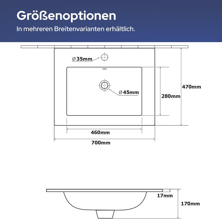 VILSTEIN Keramik Einbau-Waschbecken, 70cm, Weiss, Mit Überlauf, Einsatz-Waschbecken, Waschtisch 70 c