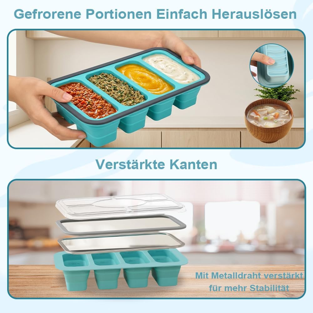 3 Stück Souper Cubes Set mit Deckel + 15 Gefrierbeutel, Faltbare Silikon Gefrierbehälter, 500/350/25
