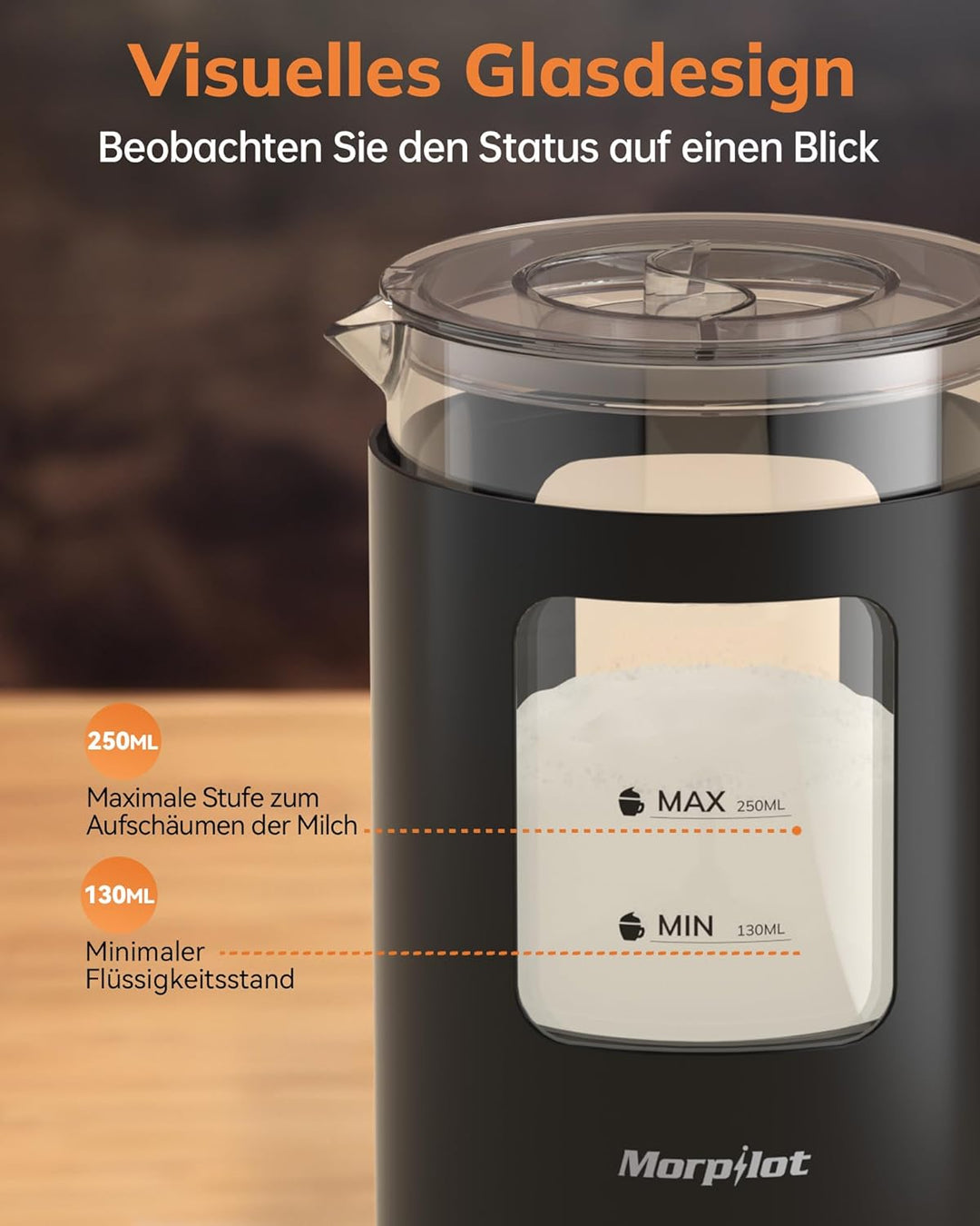 Morpilot Milchaufschäumer Elektrisch, 130-600ml 550W, 4 in 1 Milchschäumer für Heisser und Kalter, V