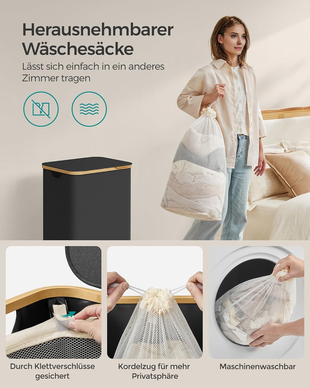 SONGMICS Wäschekorb mit Deckel, Wäschesammler 90 L, herausnehmbarer Wäschesack, Oxford-Gewebe, Griff