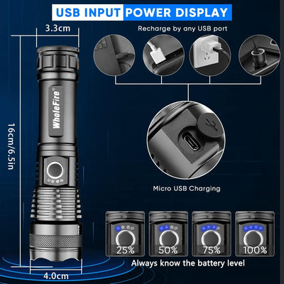 LED Taschenlampe Wiederaufladbare USB 2 Stück, Extrem Hell 90000 Lumens XHP70.2 Zoombar Wasserdicht