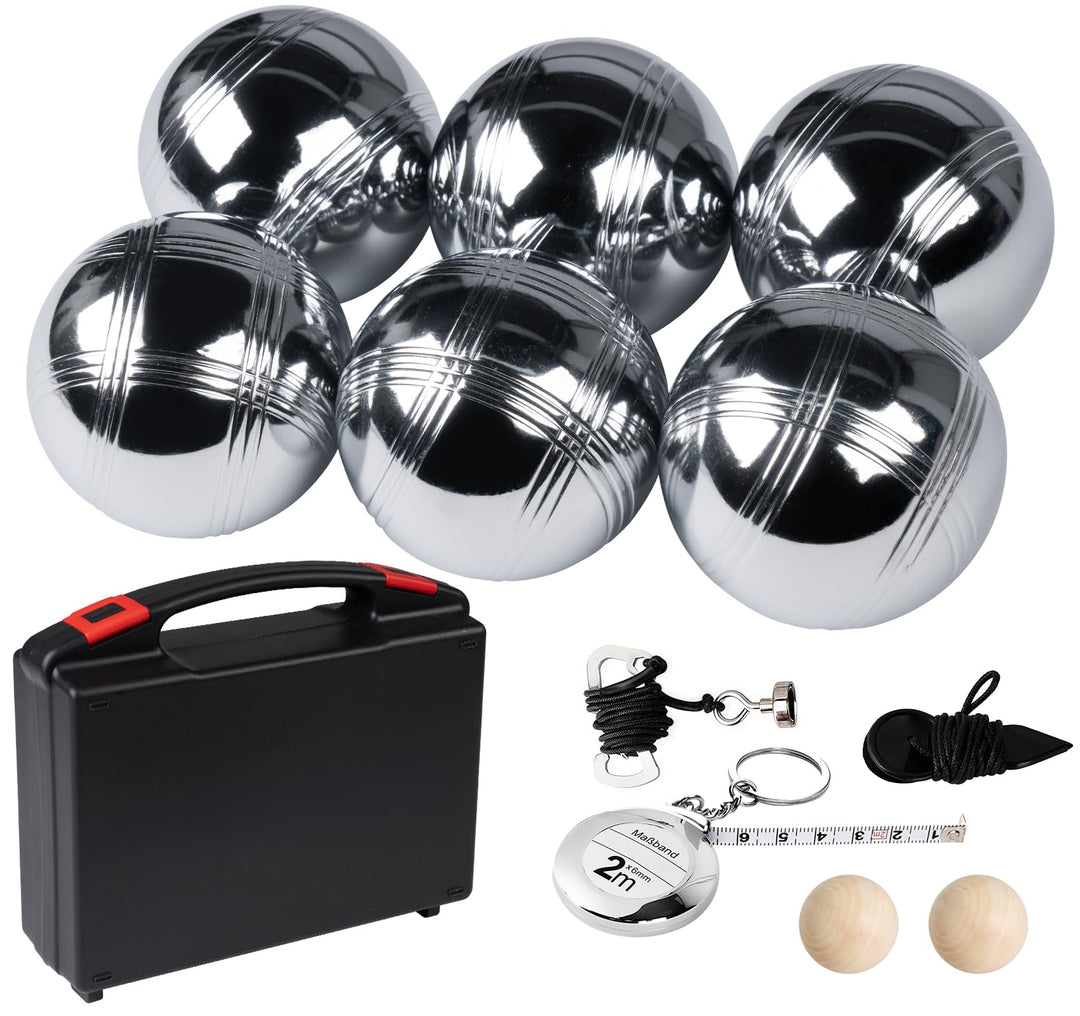 Boule Set mit 6 Metall-Kugeln & Zielkugel | Inkl. praktischem Abstandsmesser | Boccia Spiel für Gart