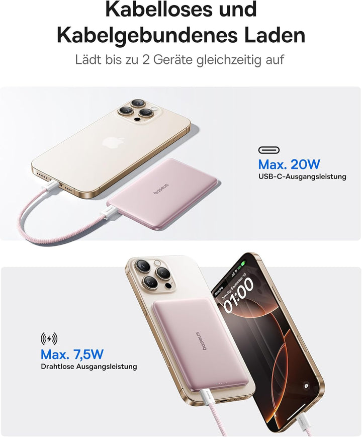 Baseus Picogo AM41 Power Bank, Ultra Slim 5000mAh Magsafe Powerbank, PD 20 W-Laden, Portabel, Wirele