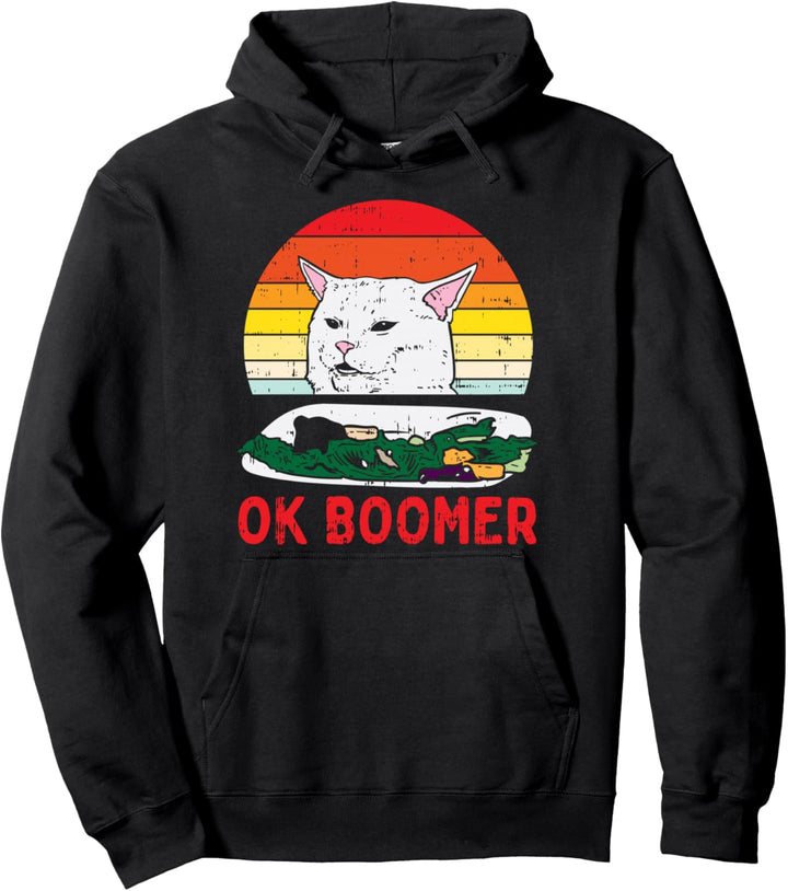 Confused Cat Dinner Table Ok Boomer Funny Meme Lover Gift Pullover Hoodie