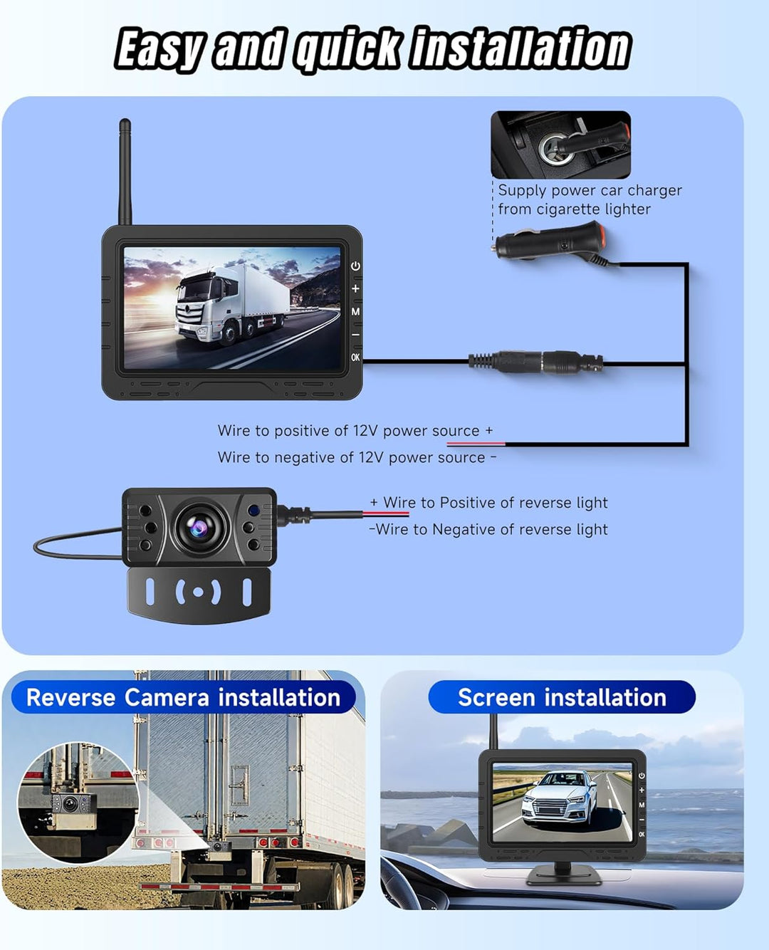 Rückfahrkamera Kabellos mit 4.3-Zoll-HD-IPS-Bildschirm, IP68 Nachtsicht Digital Rückfahrkamera Funk