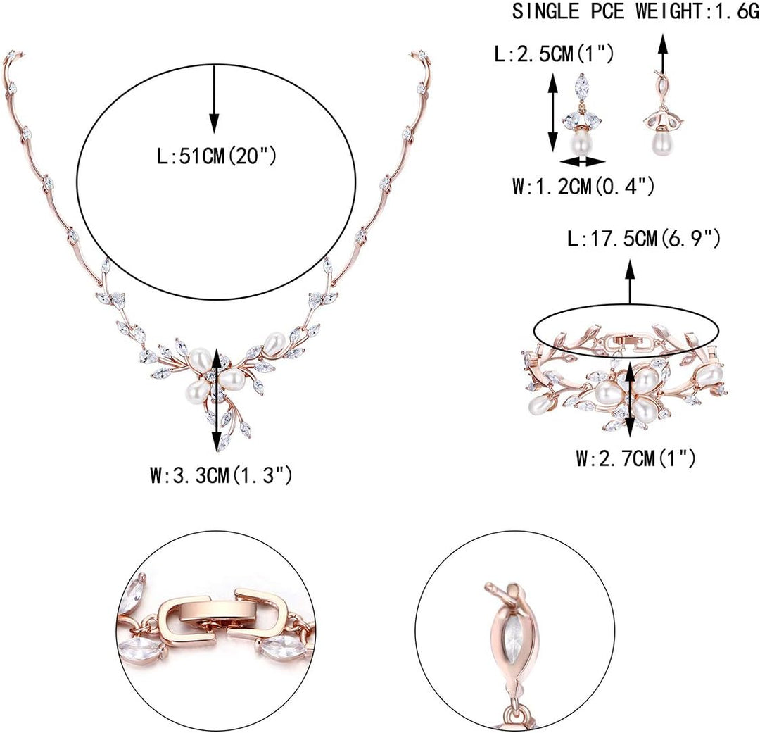 EVER FAITH Zirkon Simulierte Perle Blume Blatt Filigrane Halskette Ohrringe Armband Set Klar Klar Ro