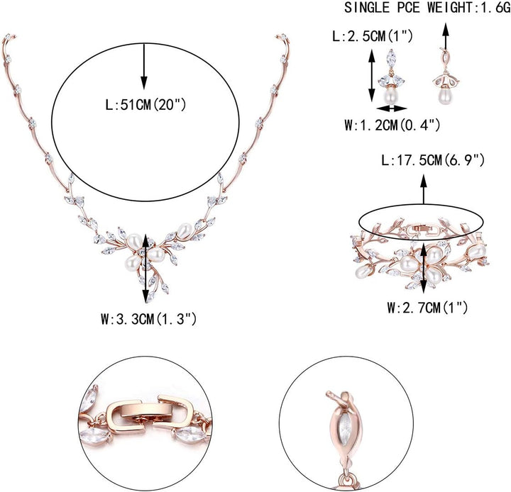 EVER FAITH Zirkon Simulierte Perle Blume Blatt Filigrane Halskette Ohrringe Armband Set Klar Klar Ro