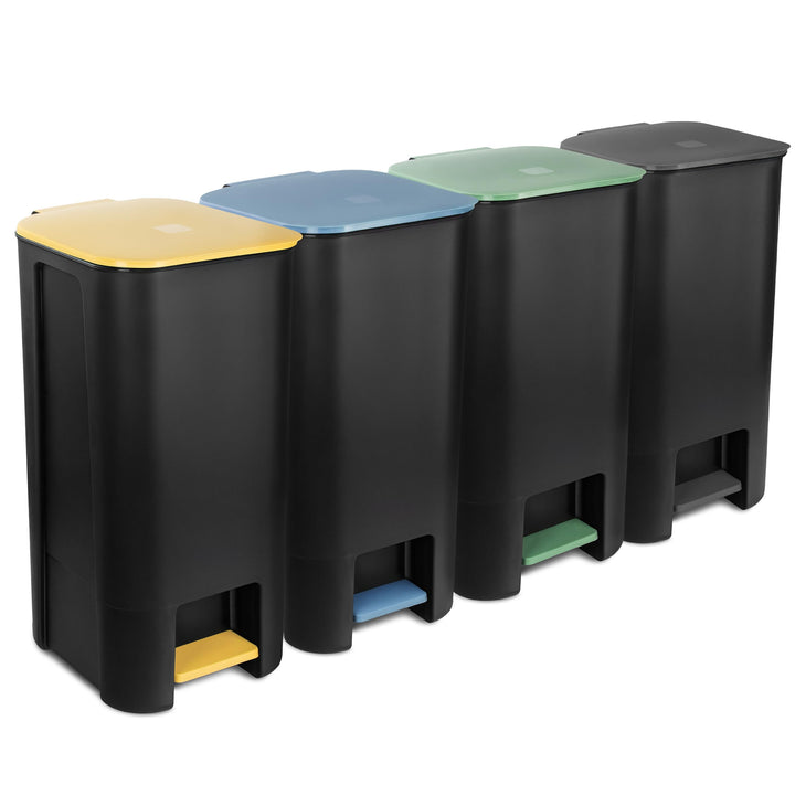 Treteimer Set 4x 40L, Tretmülleimer mit Pedal, Gelb, Grün, Blau, Schwarz Mülleimer, Mülltrennsystem