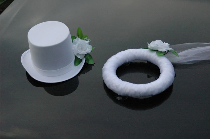 Schleier UND Hut Autoschmuck Rose Car Dekoration Hochzeit Wedding ®Auto-schmuck (Reinweiss/Weiss) Re