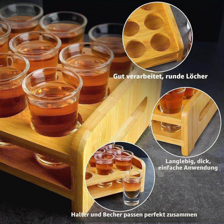 Schnapsglas-Set Mit Tablett - 12 Stück 30ml Gläser, Brett, Halter - Gerade, Dicke Basis, Klares Glas