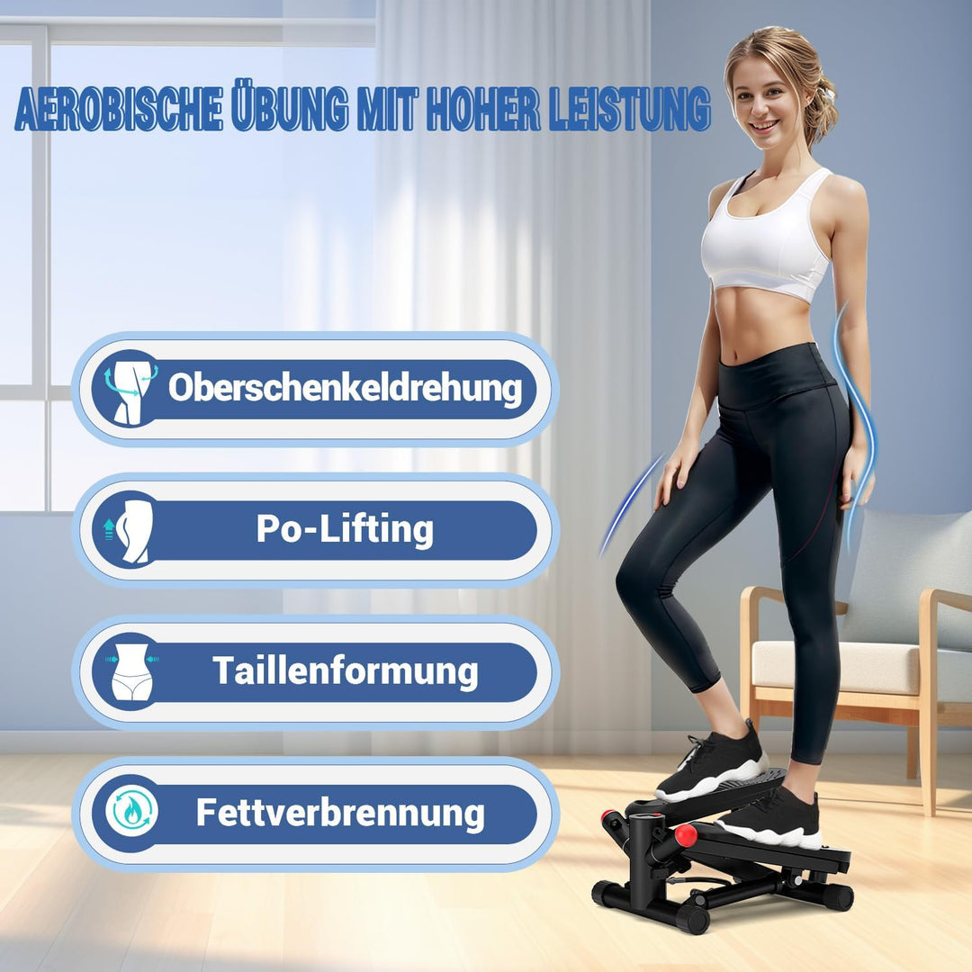 Mini Stepper für Zuhause mit Power Ropes, Höhenverstellbar Up-Down Swing Stepper mit LCD-Monitor, Ho