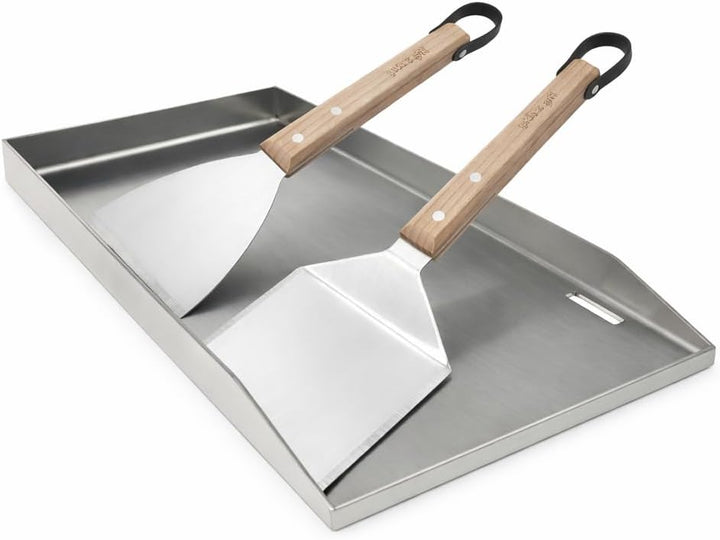 GEDA Grill Plancha Grillplatte Edelstahl Set, massiv 4mm, rostfrei, 49x 30x 4cm – mit 2-tlg. Grillsp