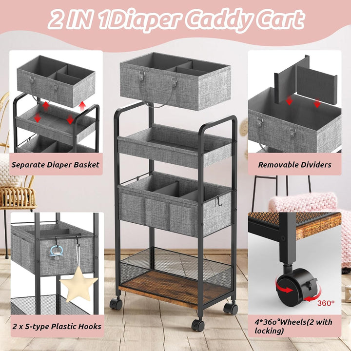 LIDTOP 2-in-1-Baby-Wickeltasche &amp; 3-stöckiger Roll-Wagen, Windel-Caddy Organizer mit Trennwänden, mo