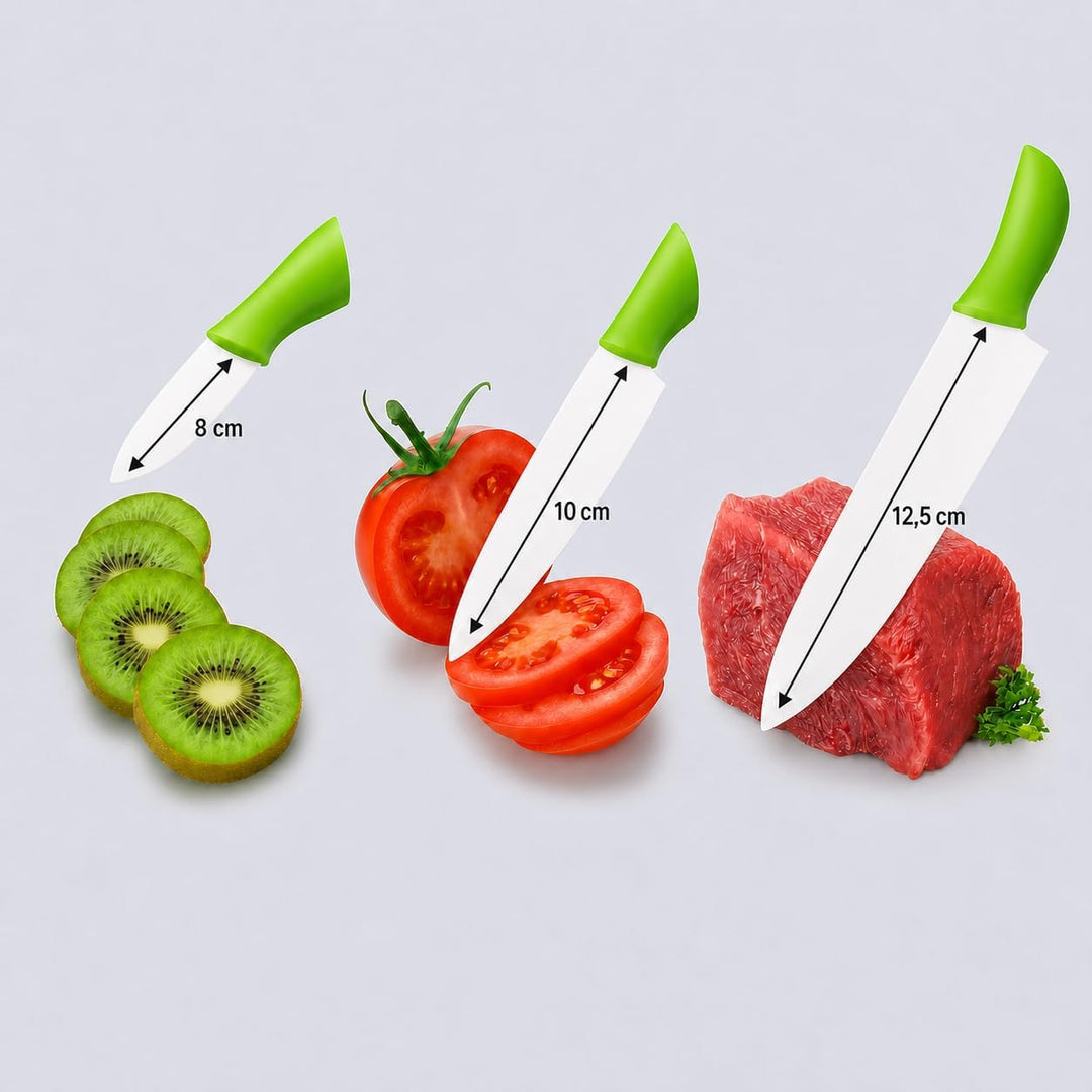 Eurotel Set mit 3 Keramikmessern in Grün – Universal 12,5 + Obst 10 + Office 8 cm – ergonomischer Gr