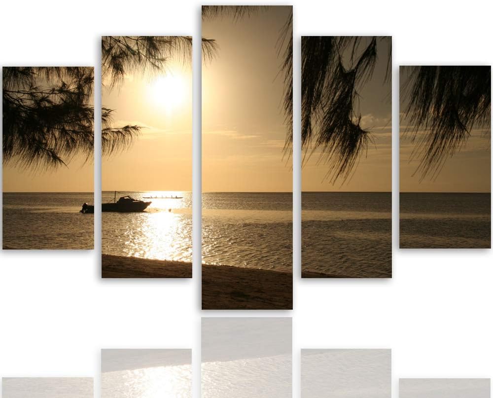Feeby Bilder Strand 300x140 cm - Leinwandbild 5 Teilig XXL Kunstdruck Meer Boot braun Leinwandbild X