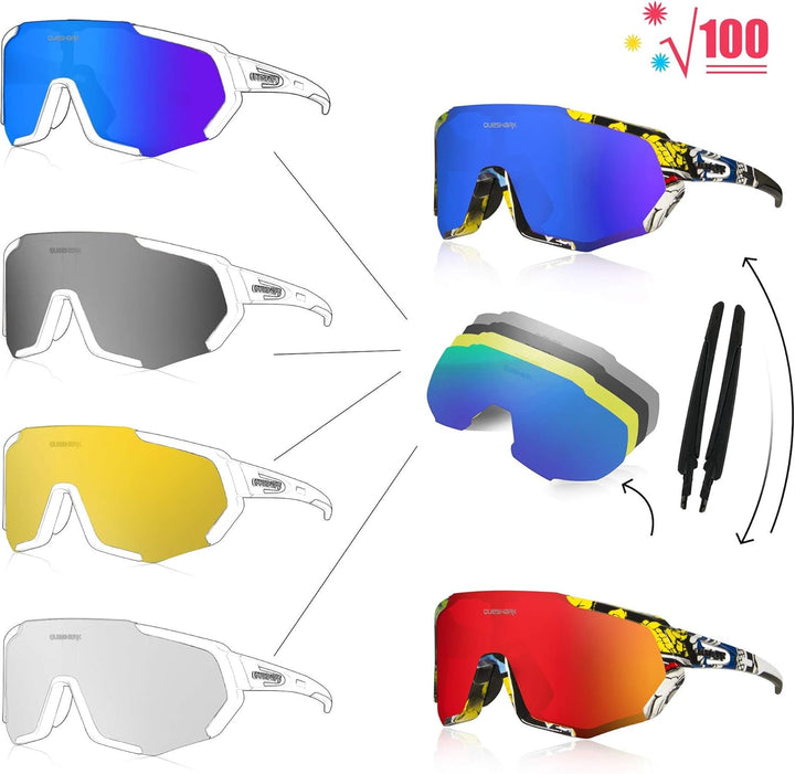 Queshark Sportbrillen Fahrrad Brillen Damen Herren Polarisierte UV400 Schutz mit 5 Wechselgläser Rad