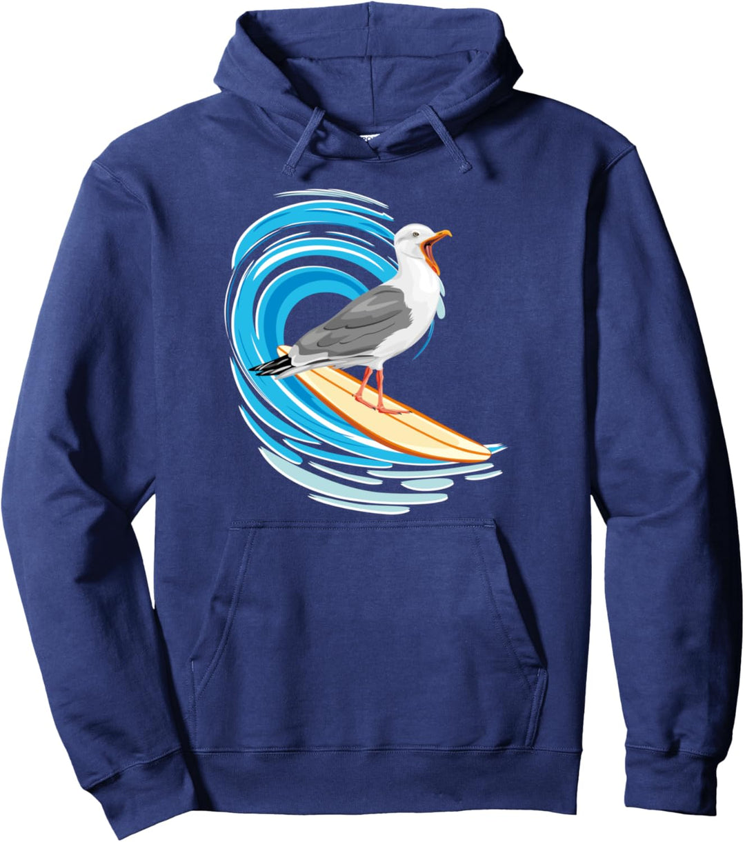 Möwe surft. Lustige Möwe mit Surfboard Pullover Hoodie