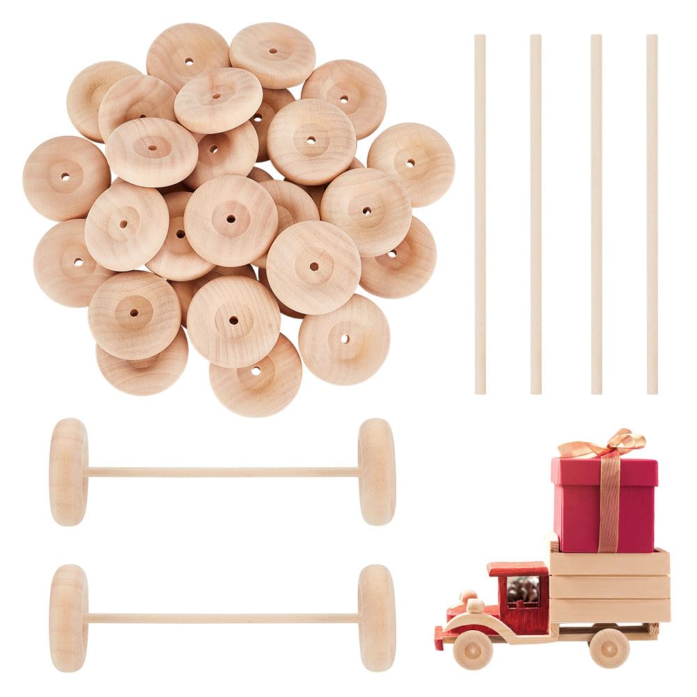 OLYCRAFT 30 Stück 50x16mm Holz-Bastelräder mit 15 Stück 15cm Holzstäbchen - Premium Holzräder für He