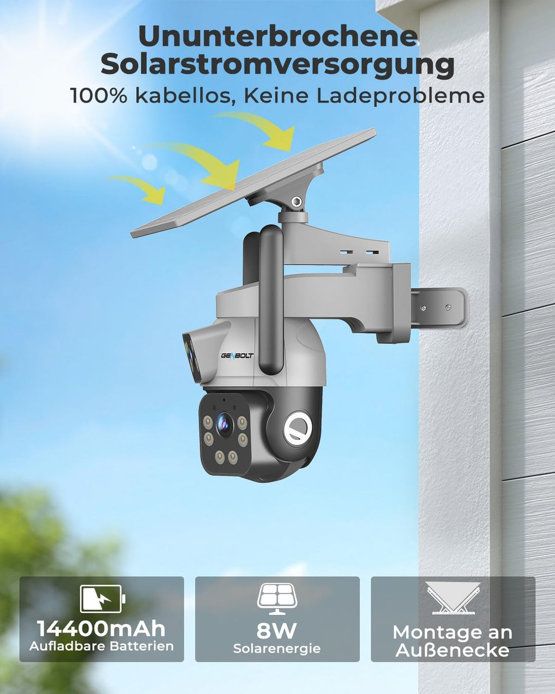 GENBOLT 4G LTE Solar Überwachungskamera Aussen Kabellose, AOV 7/24-Aufzeichnung 3MP+3MP PTZ IP Kamer