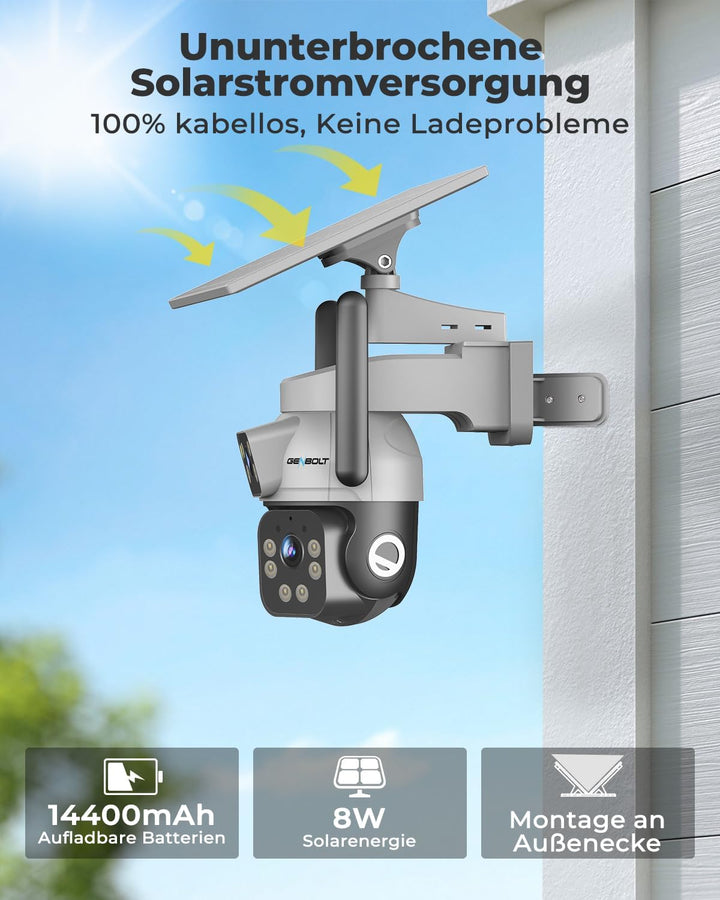 GENBOLT 4G LTE Solar Überwachungskamera Aussen Kabellose, AOV 7/24-Aufzeichnung 3MP+3MP PTZ IP Kamer