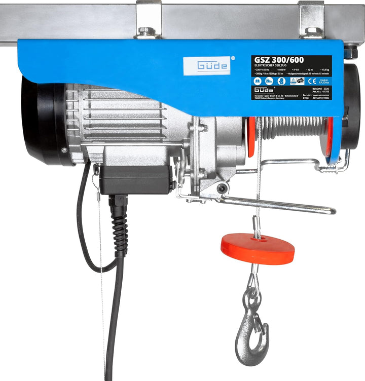 Güde 01708 Elektronischer Seilzug GSZ 300/600 (1050W, 600kg max. Hubkraft, 11m max. Hubhöhe) &amp; Braun
