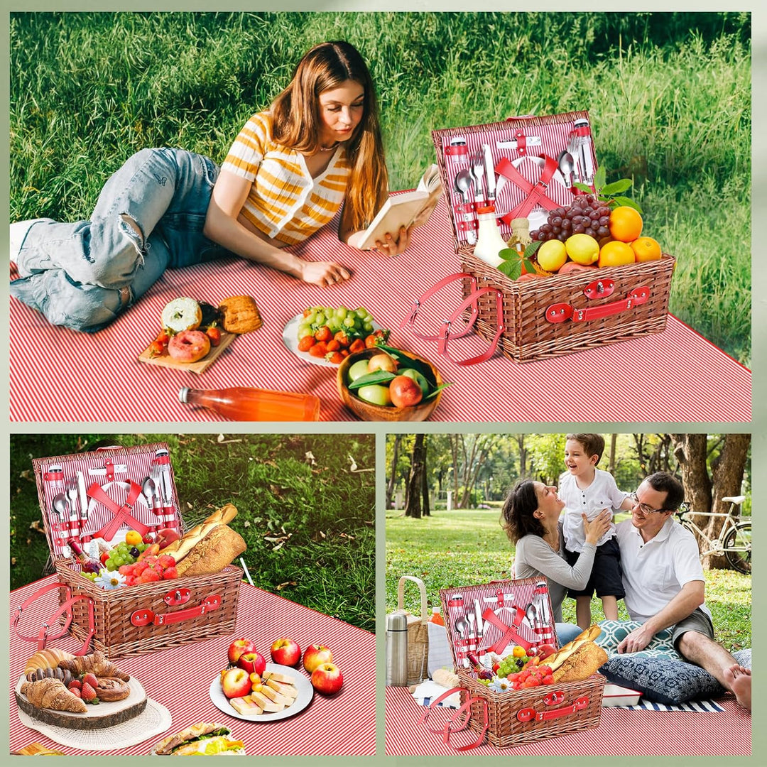 Picknickkorb für 4 Personen, aus Weide mit wasserdichter Decke und Besteck, für Camping, Rosa Rosa,