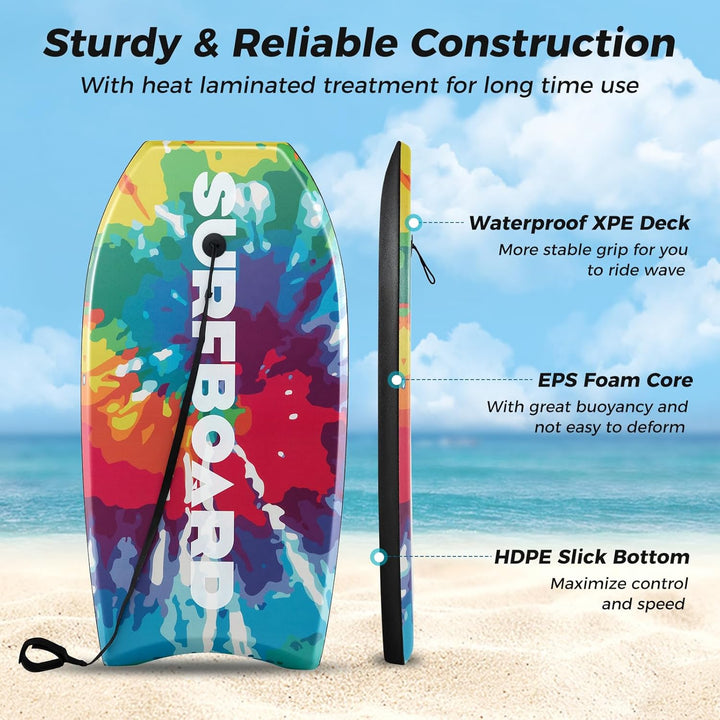 HOMASIS Leichtes Bodyboard, Surfbrett mit EPS-Kern, XPE-Deck, HDPE-Boden & Handgelenk-Leash, Surfboa