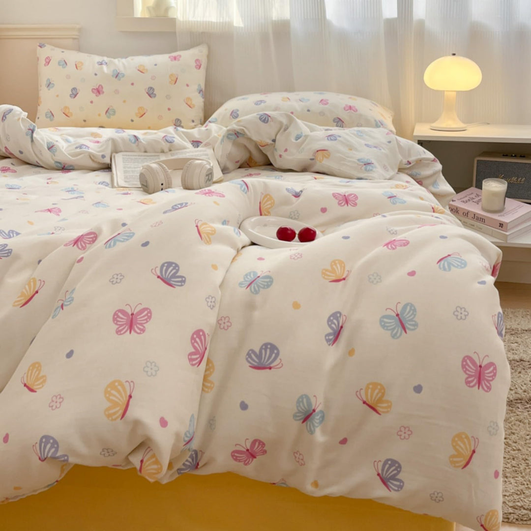 Freyamy Kinder Bettwäsche 100x135cm 2teilig Beige Bunt Schmetterling Mädchen Bettwaren-Sets Schmette
